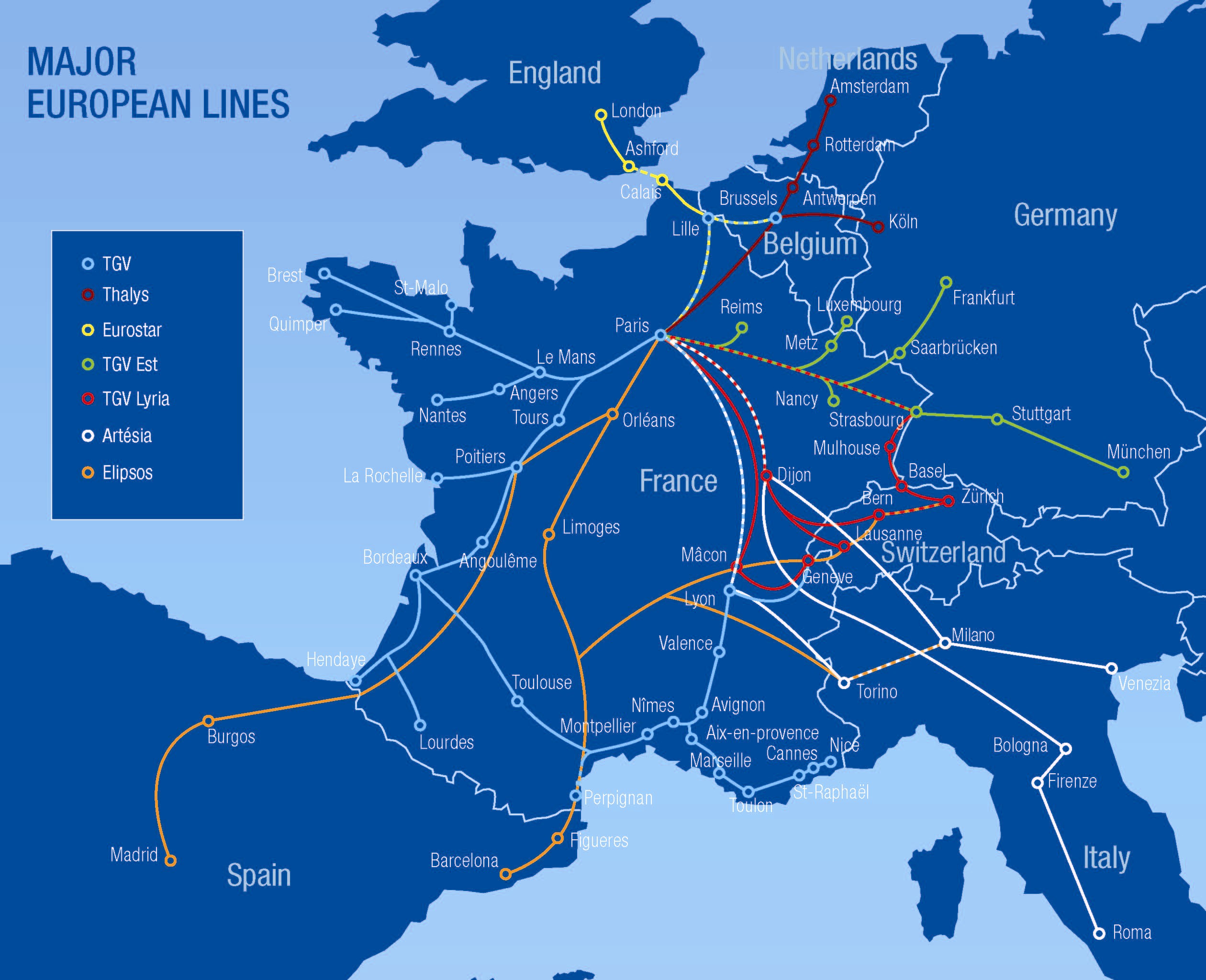 Mapa de Europa mostrando las principales rutas de tren nocturno que conectan España con Francia, Suiza y otros países centrales.